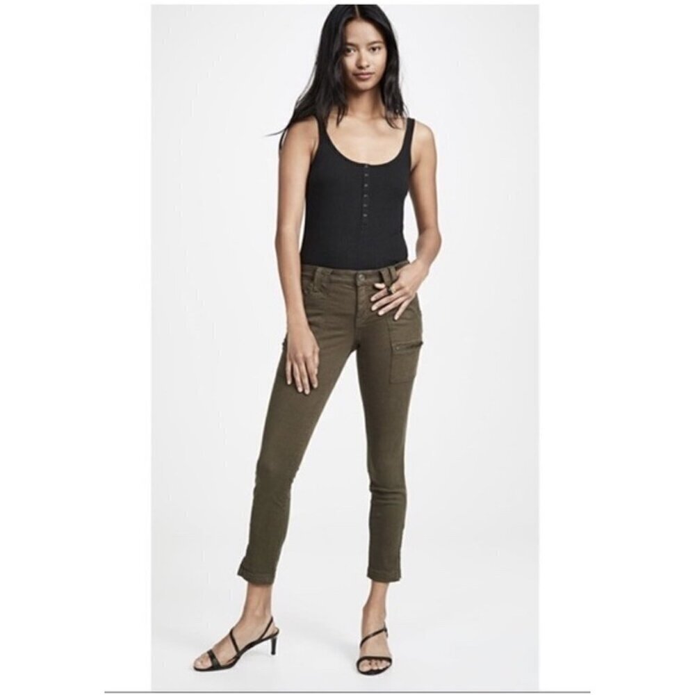 Joie Women's Sz 27 Park Mid Rise Coated Skinny Pants in "Fatigue" Green Pants
